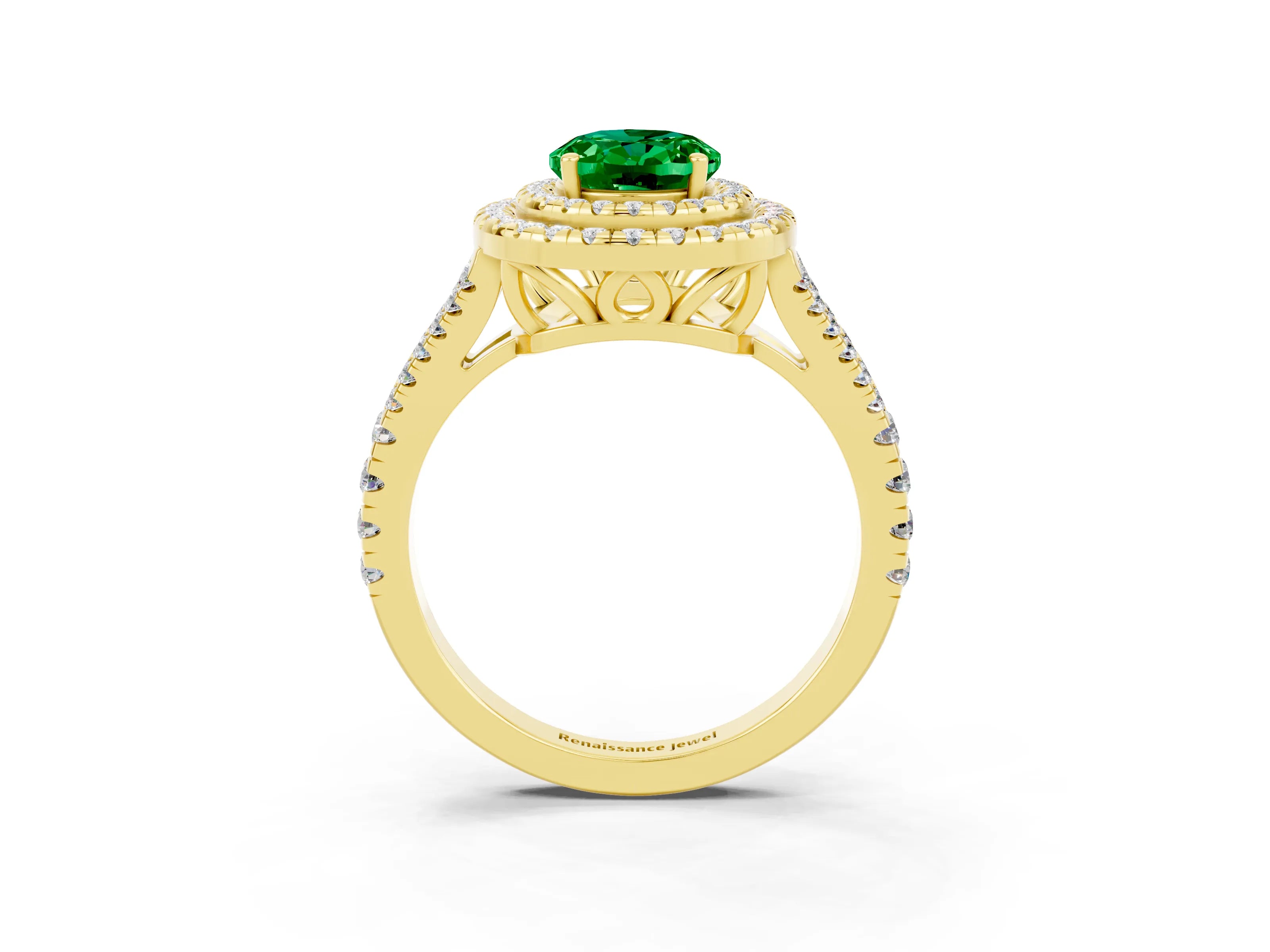 Yellow gold Oval Cut Emerald Double Halo Ring with Pavé Band and Prong Setting_15