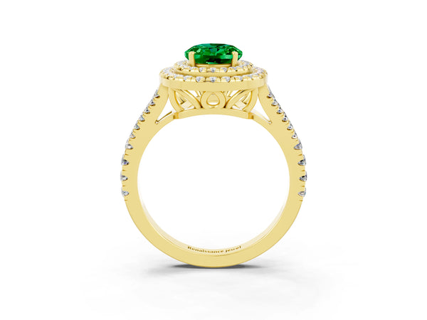 Yellow gold Oval Cut Emerald Double Halo Ring with Pavé Band and Prong Setting