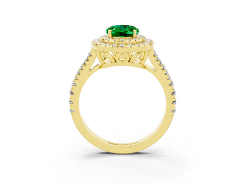 Yellow gold Oval Cut Emerald Double Halo Ring with Pavé Band and Prong Setting_15