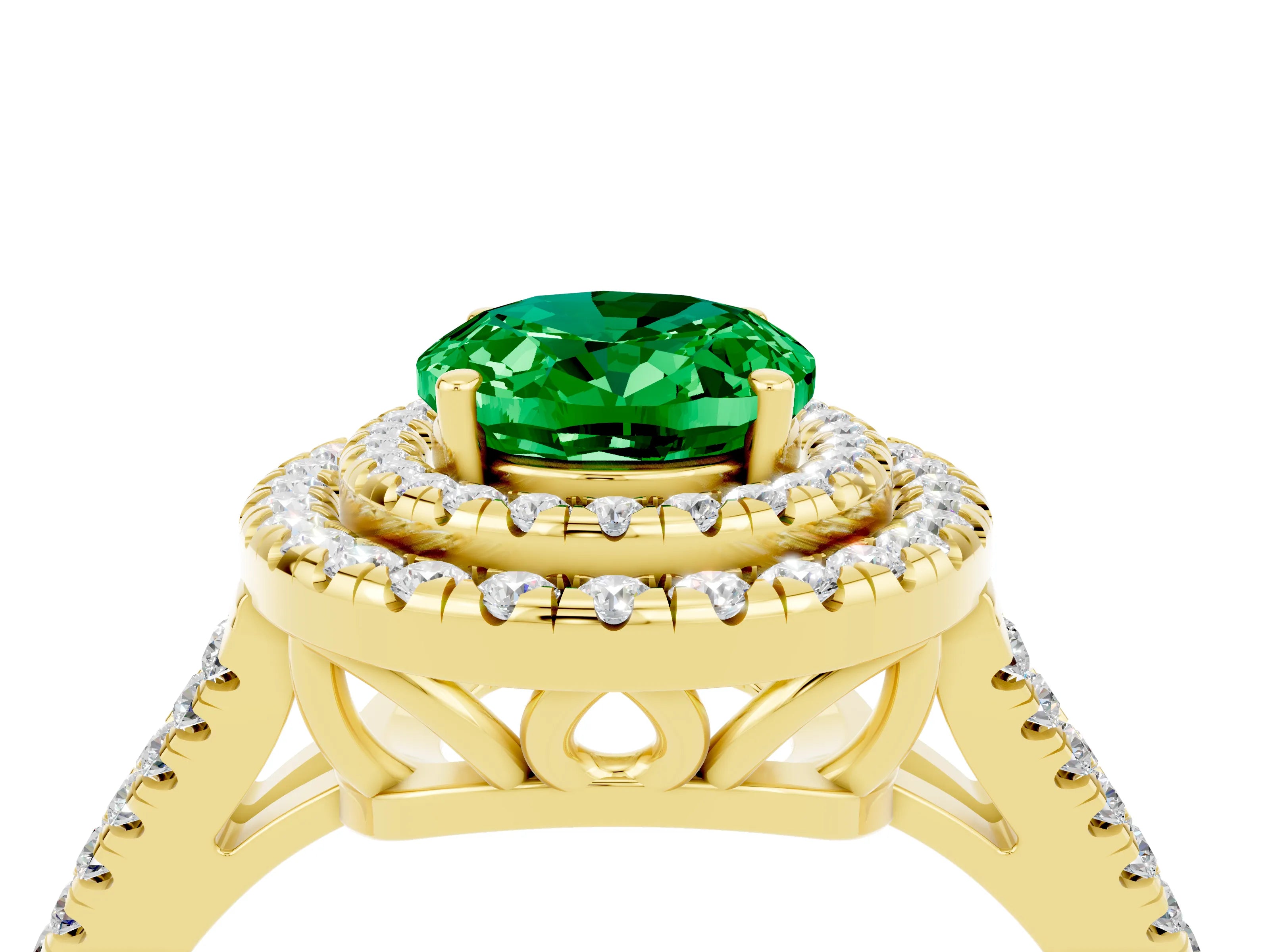 Yellow gold Oval Cut Emerald Double Halo Ring with Pavé Band and Prong Setting_16