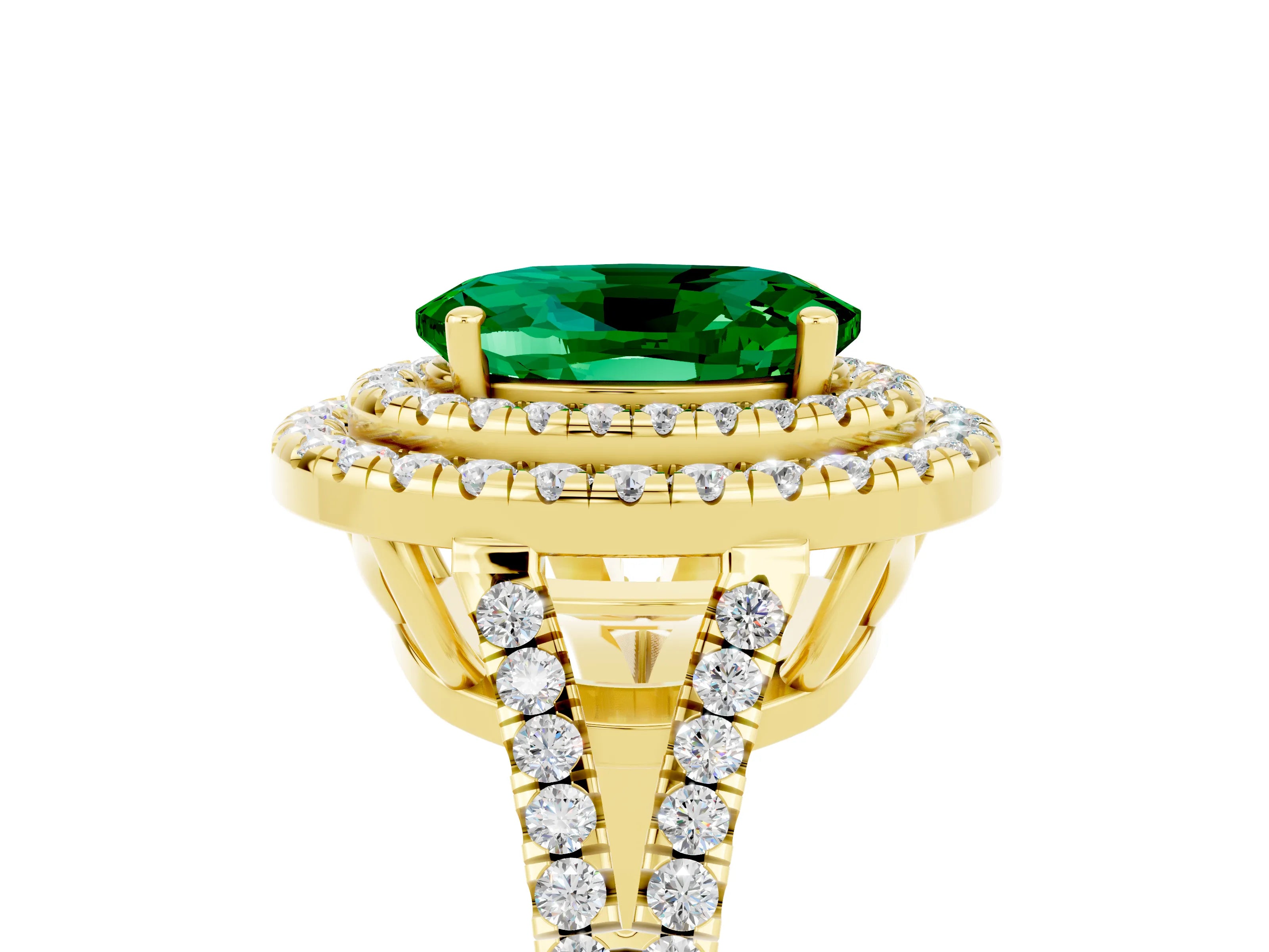Yellow gold Oval Cut Emerald Double Halo Ring with Pavé Band and Prong Setting_17