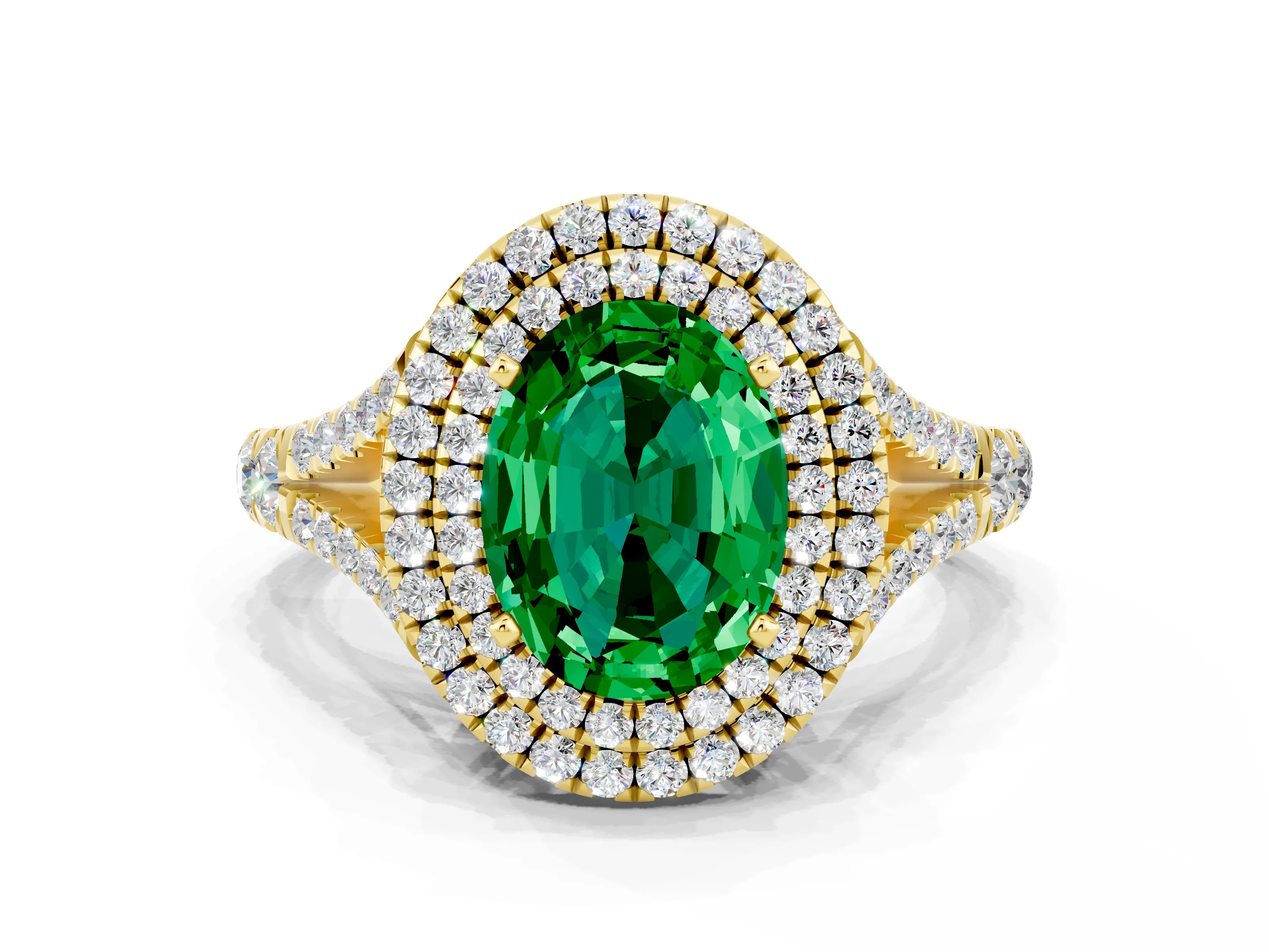 Yellow gold Oval Cut Emerald Double Halo Ring with Split Shank and Prong Setting_12