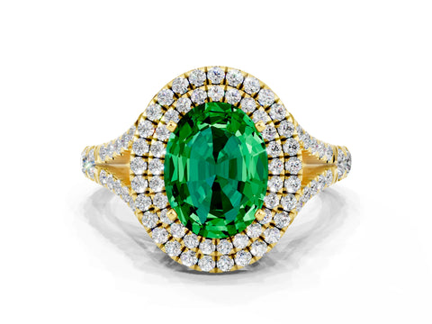 Yellow gold Oval Cut Emerald Double Halo Ring with Split Shank and Prong Setting_12