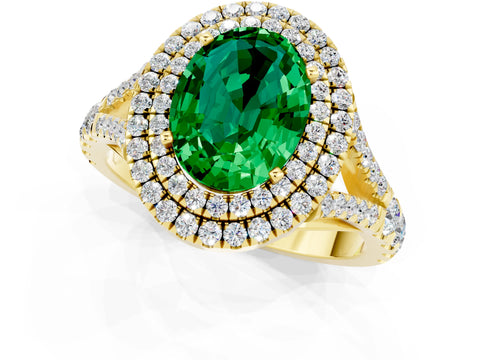 Yellow gold Oval Cut Emerald Double Halo Ring with Split Shank and Prong Setting_13