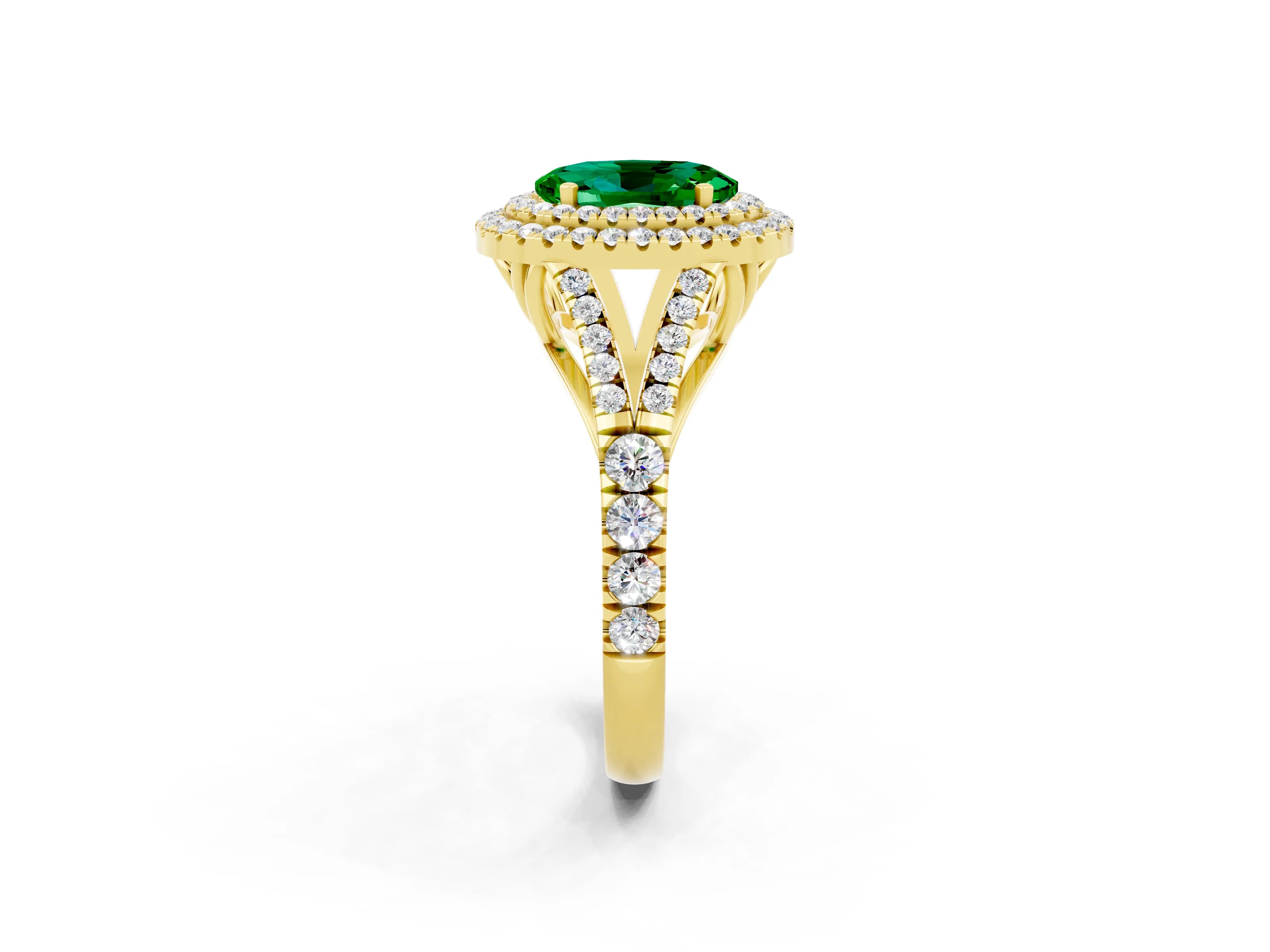 Yellow gold Oval Cut Emerald Double Halo Ring with Split Shank and Prong Setting_14