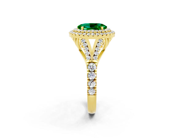 Yellow gold Oval Cut Emerald Double Halo Ring with Split Shank and Prong Setting