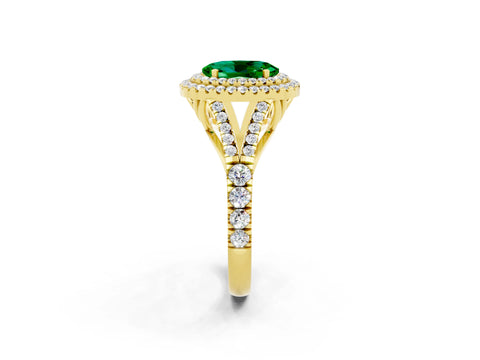 Yellow gold Oval Cut Emerald Double Halo Ring with Split Shank and Prong Setting_14