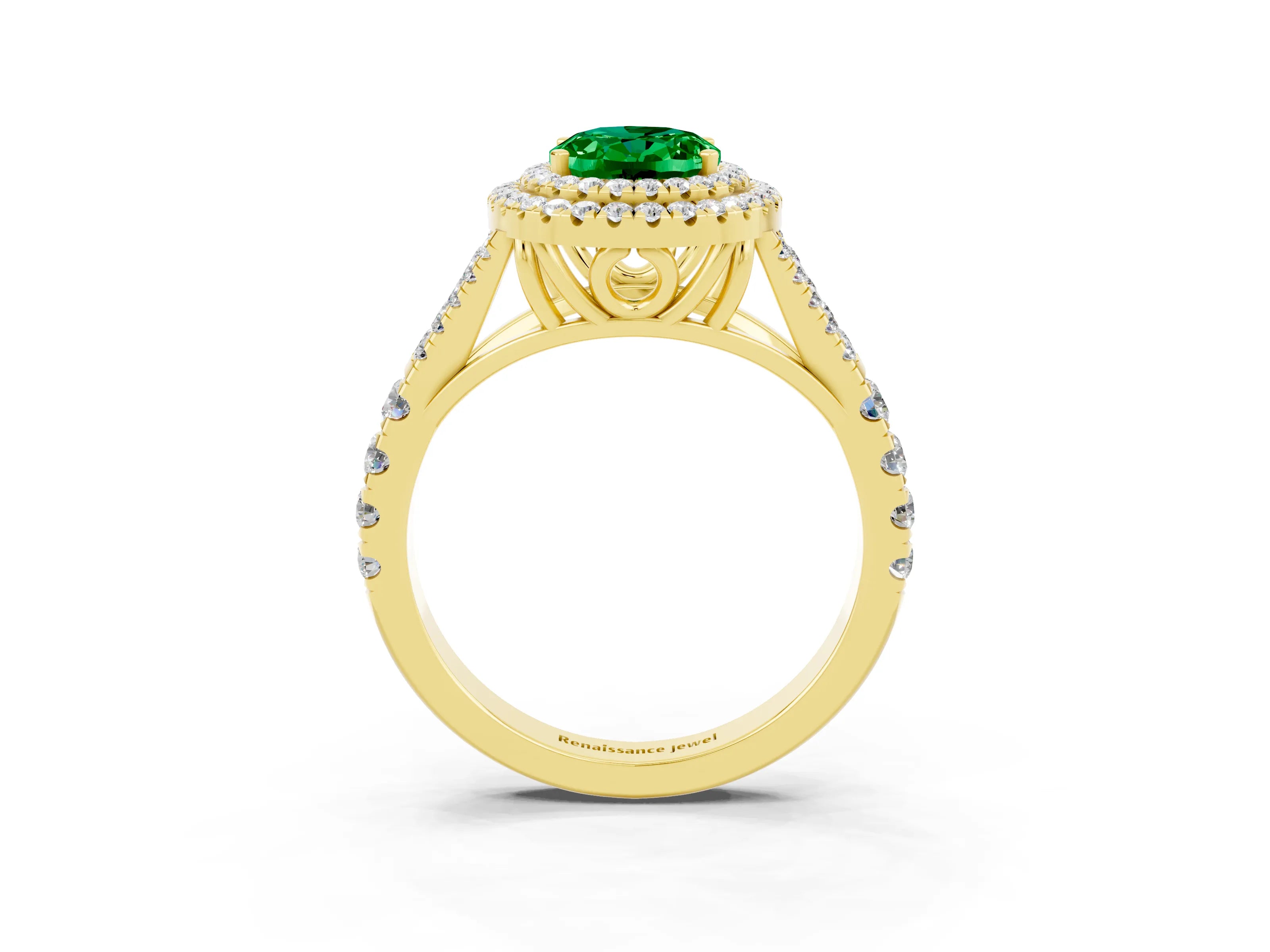 Yellow gold Oval Cut Emerald Double Halo Ring with Split Shank and Prong Setting_15
