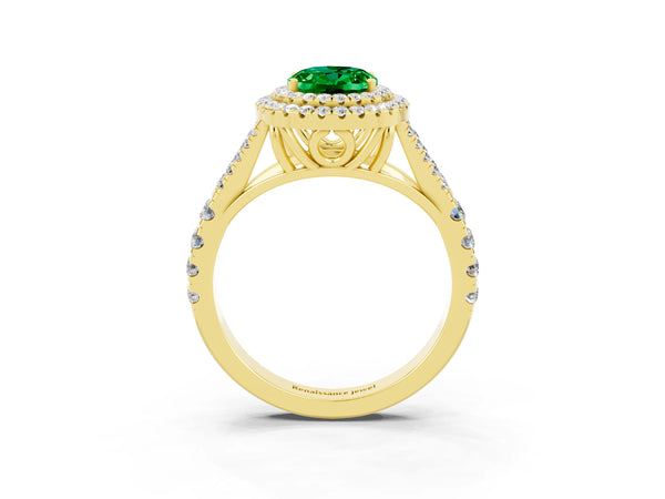 Yellow gold Oval Cut Emerald Double Halo Ring with Split Shank and Prong Setting