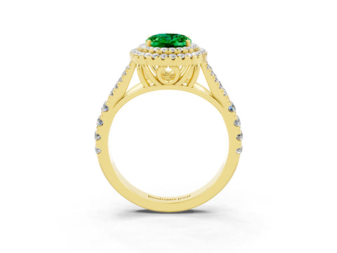 Yellow gold Oval Cut Emerald Double Halo Ring with Split Shank and Prong Setting_15