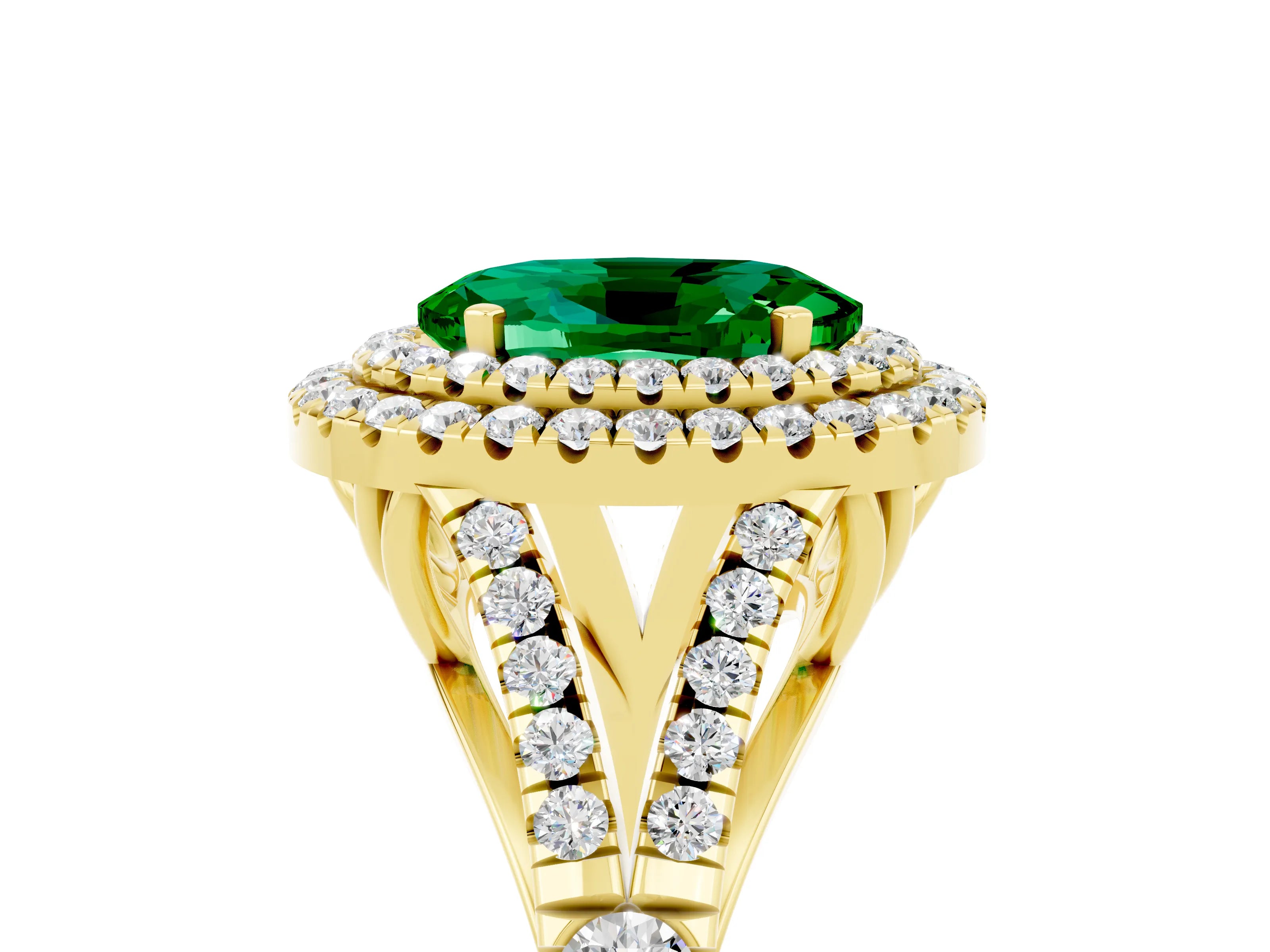 Yellow gold Oval Cut Emerald Double Halo Ring with Split Shank and Prong Setting_17