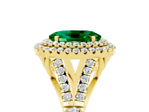 Yellow gold Oval Cut Emerald Double Halo Ring with Split Shank and Prong Setting_17