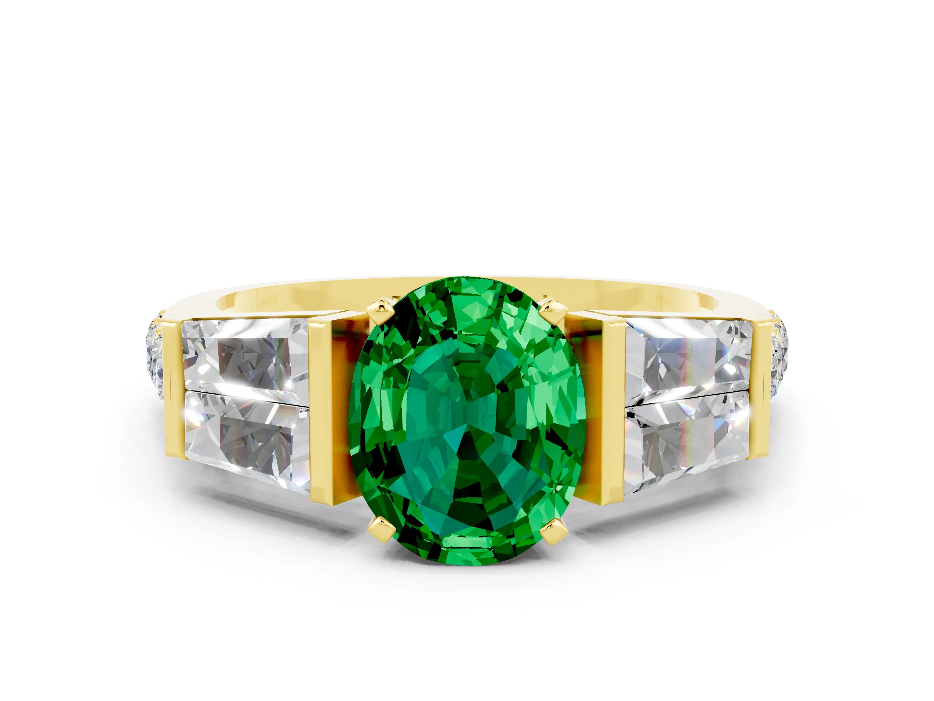 Yellow gold Oval Cut Emerald Engagement Ring with Baguette Side Stones and Channel Set Band