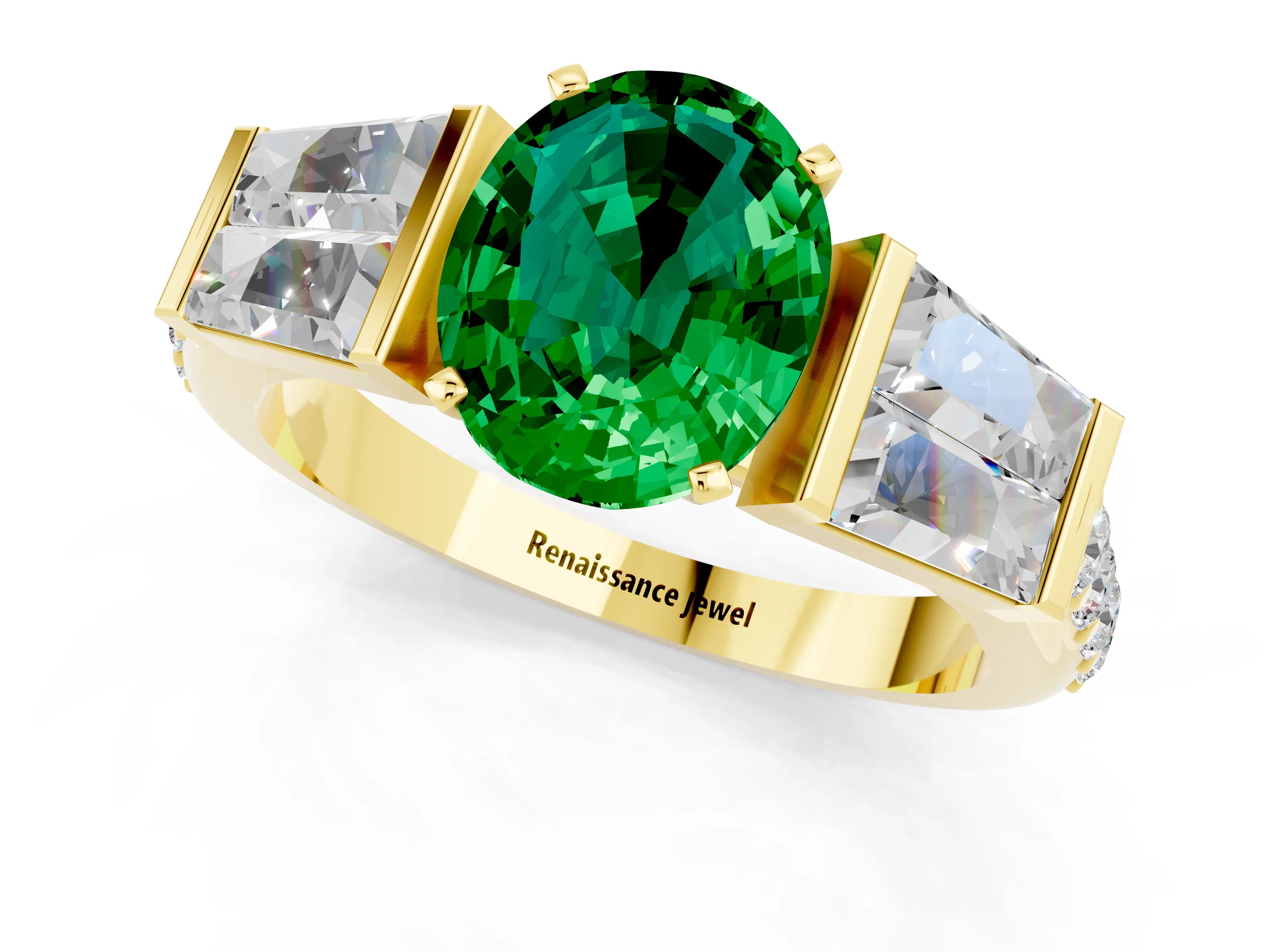 Yellow gold Oval Cut Emerald Engagement Ring with Baguette Side Stones and Channel Set Band_1
