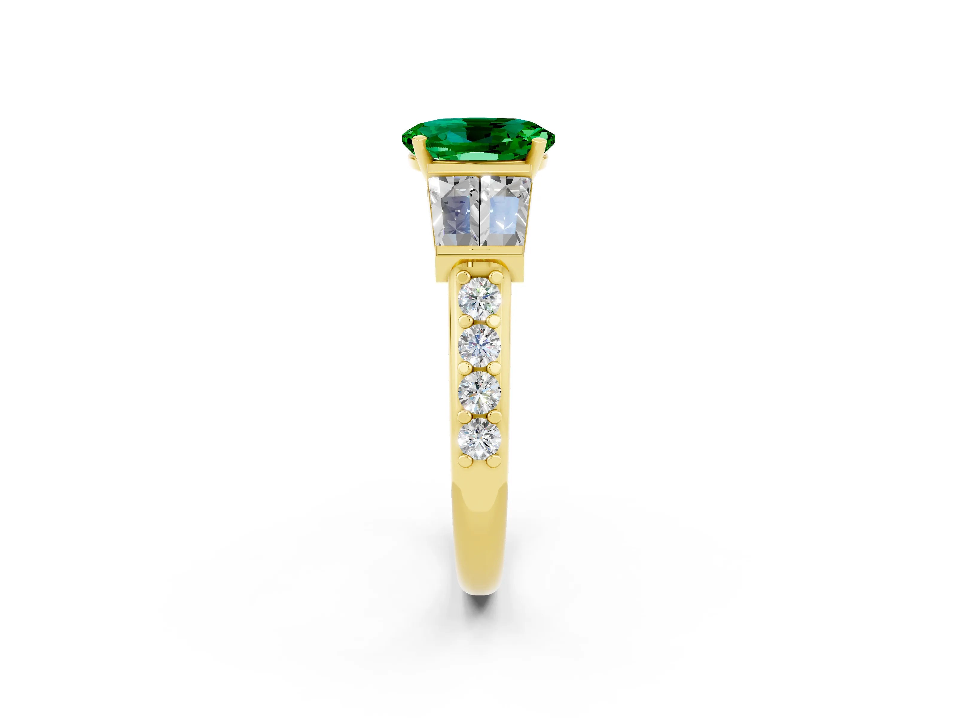 Yellow gold Oval Cut Emerald Engagement Ring with Baguette Side Stones and Channel Set Band_2
