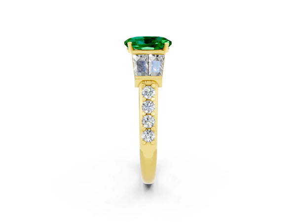 Yellow gold Oval Cut Emerald Engagement Ring with Baguette Side Stones and Channel Set Band