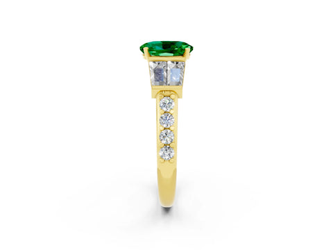 Yellow gold Oval Cut Emerald Engagement Ring with Baguette Side Stones and Channel Set Band_2