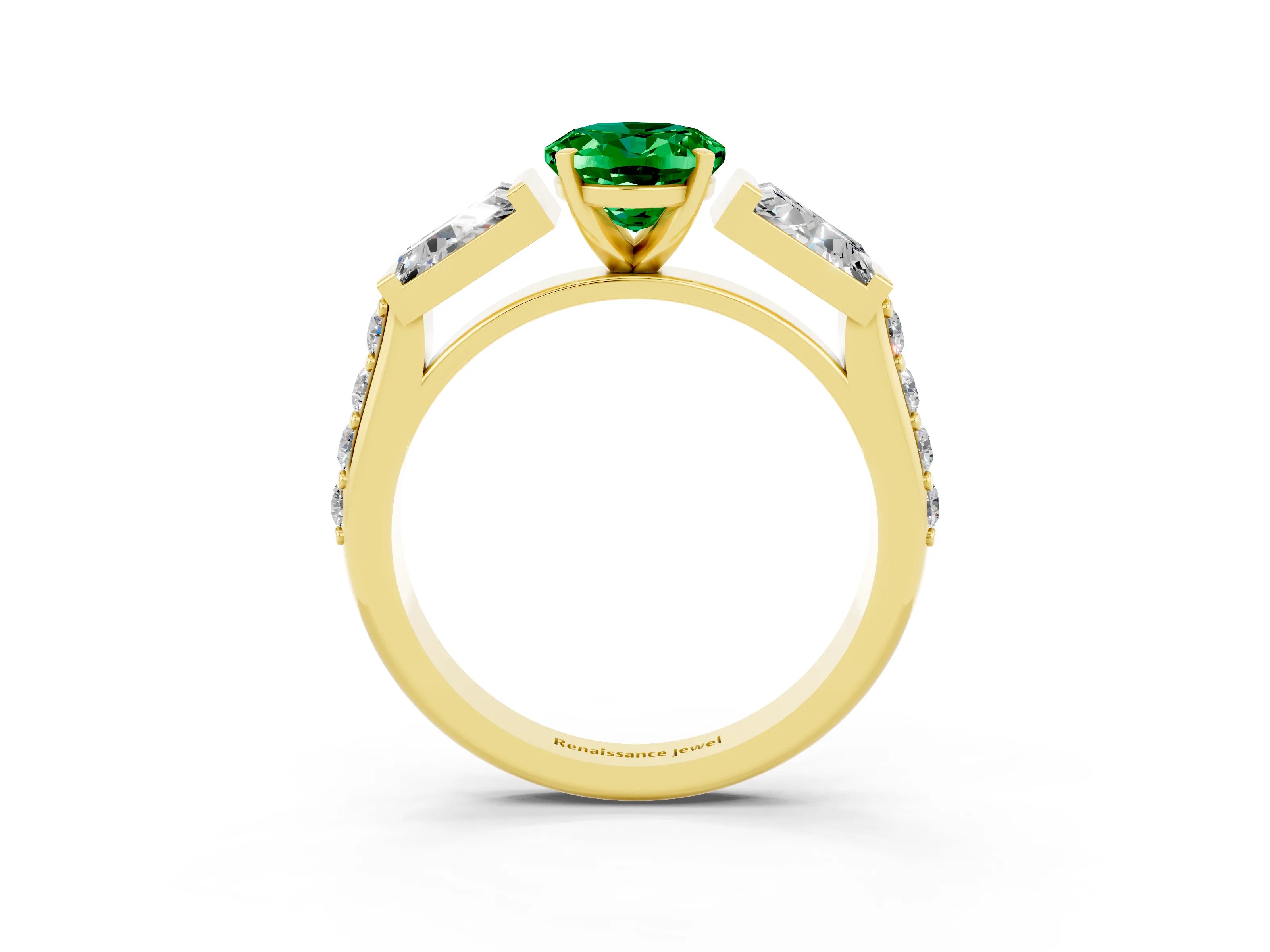 Yellow gold Oval Cut Emerald Engagement Ring with Baguette Side Stones and Channel Set Band_3