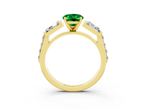 Yellow gold Oval Cut Emerald Engagement Ring with Baguette Side Stones and Channel Set Band