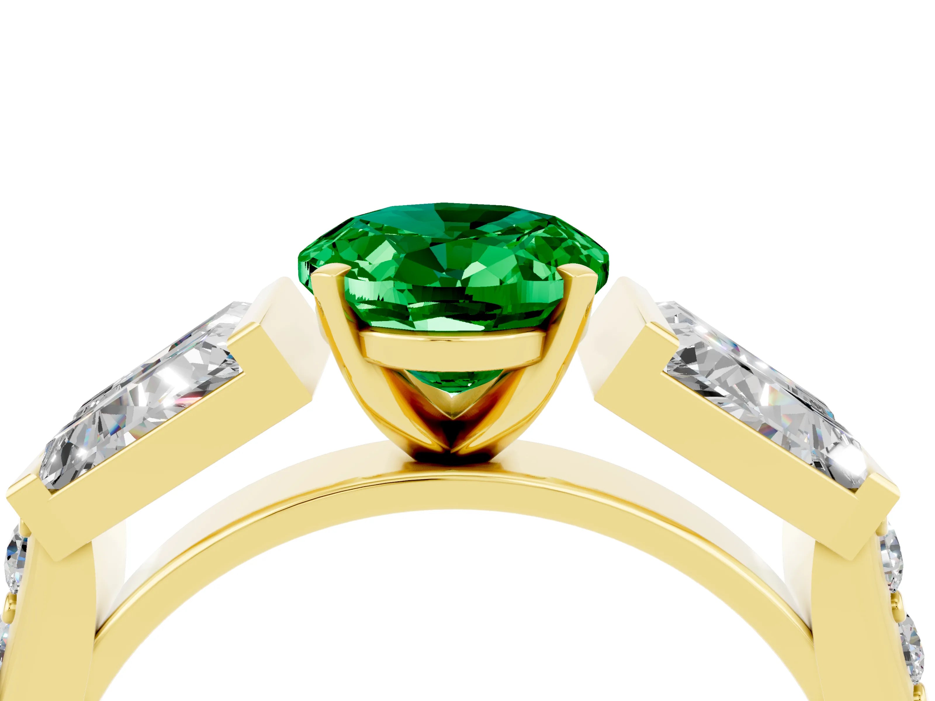 Yellow gold Oval Cut Emerald Engagement Ring with Baguette Side Stones and Channel Set Band_4
