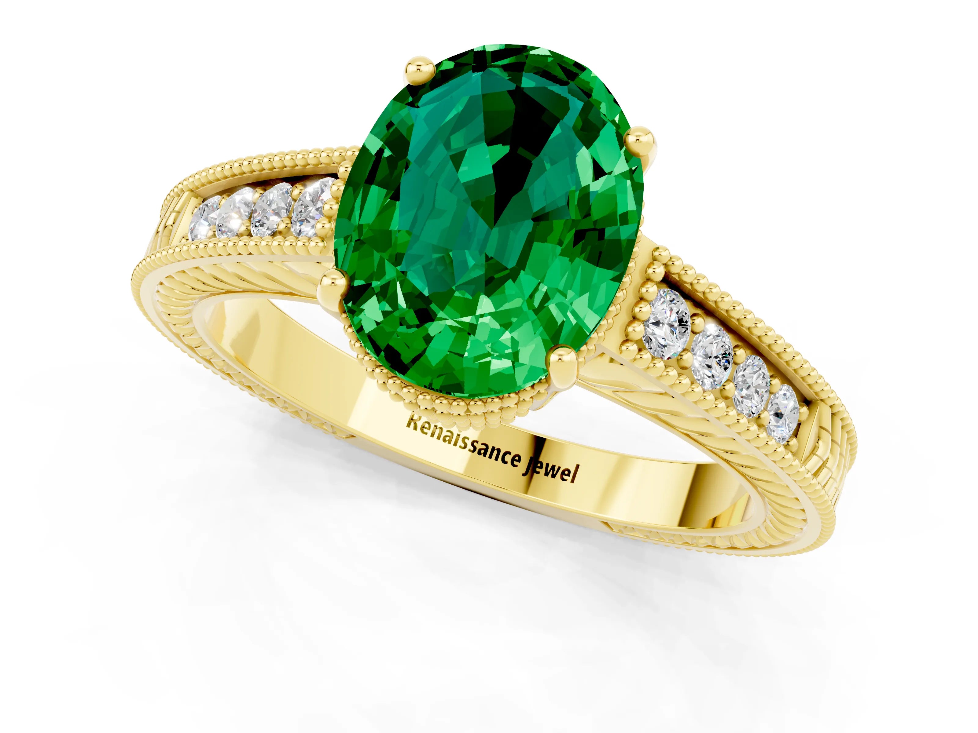 Yellow gold Oval Cut Emerald Engagement Ring with Milgrain Channel Set Band and Prong Setting_1