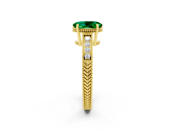 Yellow gold Oval Cut Emerald Engagement Ring with Milgrain Channel Set Band and Prong Setting