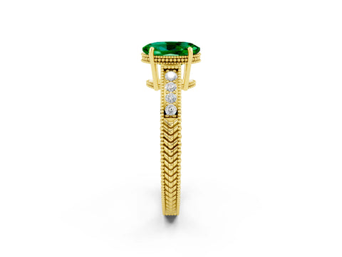 Yellow gold Oval Cut Emerald Engagement Ring with Milgrain Channel Set Band and Prong Setting_2