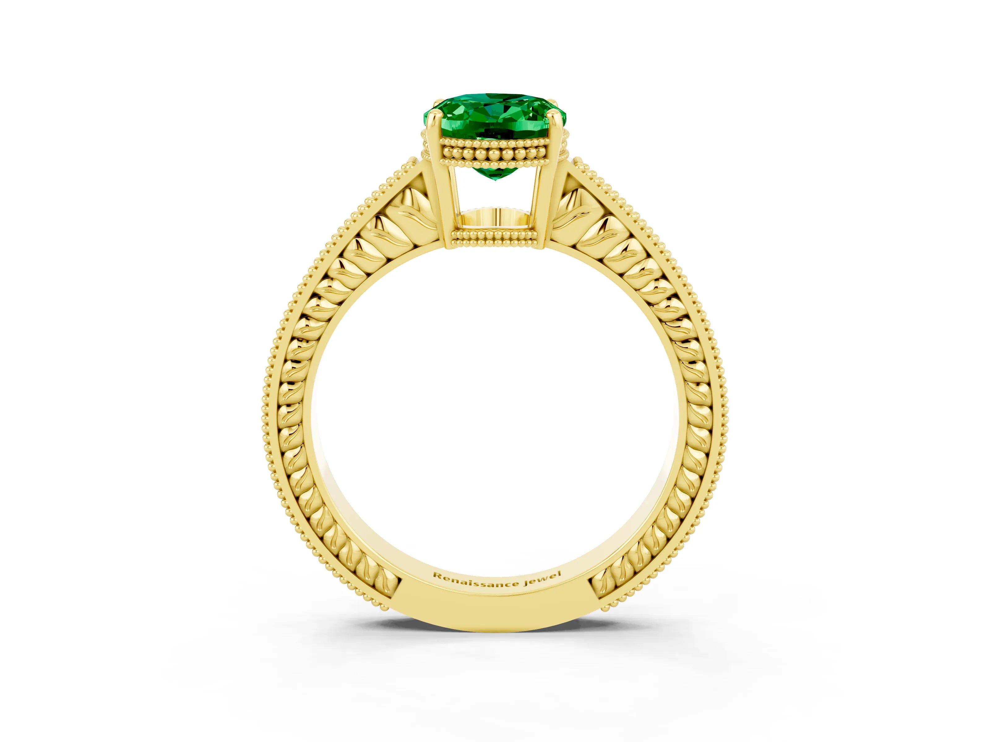 Yellow gold Oval Cut Emerald Engagement Ring with Milgrain Channel Set Band and Prong Setting_3