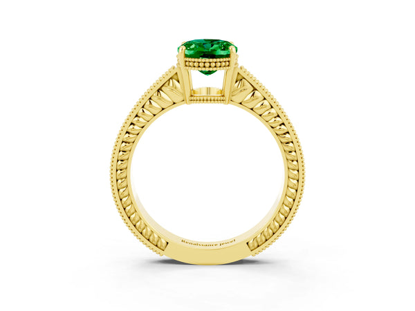 Yellow gold Oval Cut Emerald Engagement Ring with Milgrain Channel Set Band and Prong Setting