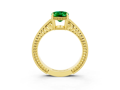 Yellow gold Oval Cut Emerald Engagement Ring with Milgrain Channel Set Band and Prong Setting_3