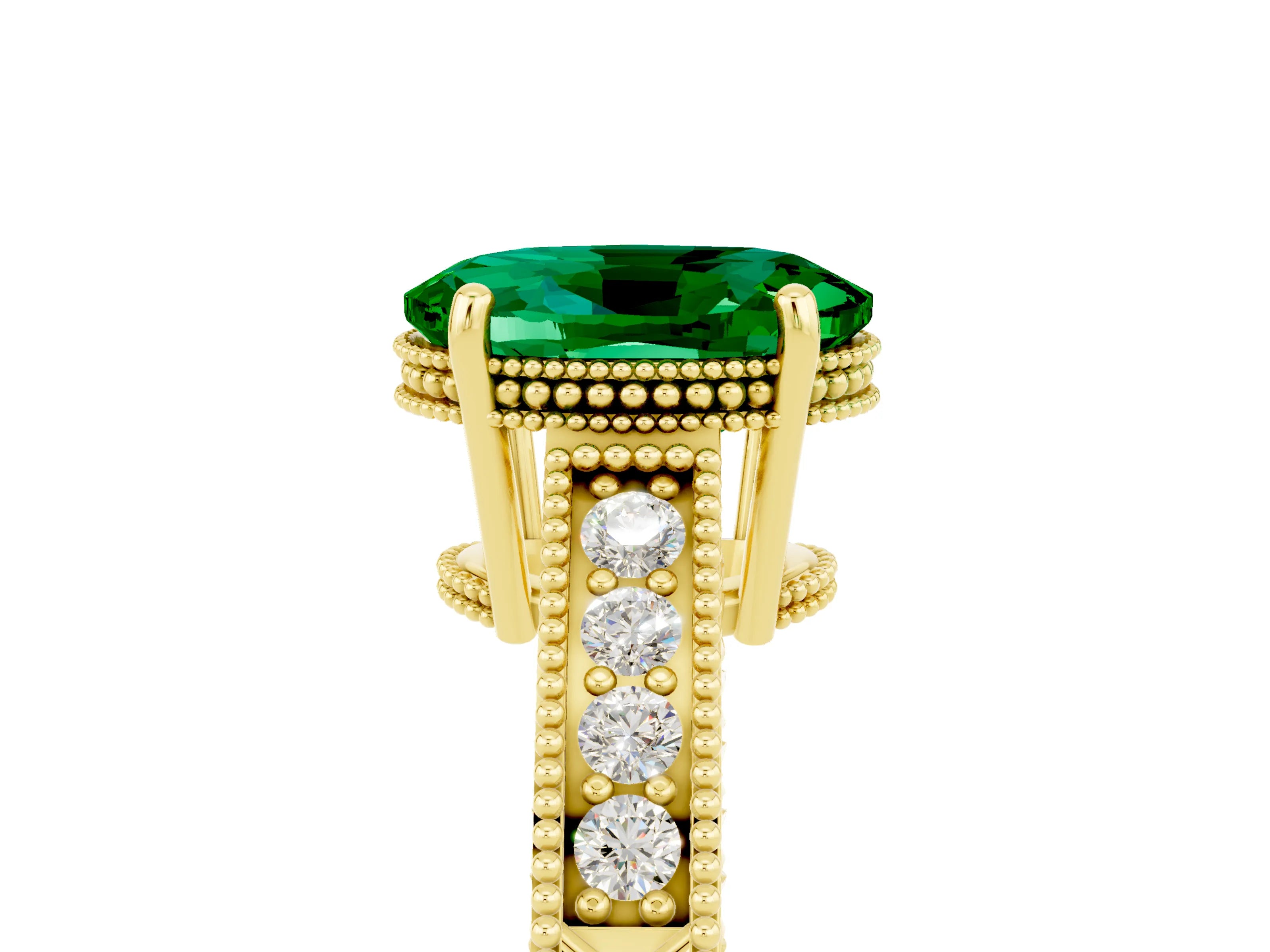 Yellow gold Oval Cut Emerald Engagement Ring with Milgrain Channel Set Band and Prong Setting_5
