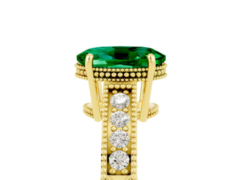 Yellow gold Oval Cut Emerald Engagement Ring with Milgrain Channel Set Band and Prong Setting_5