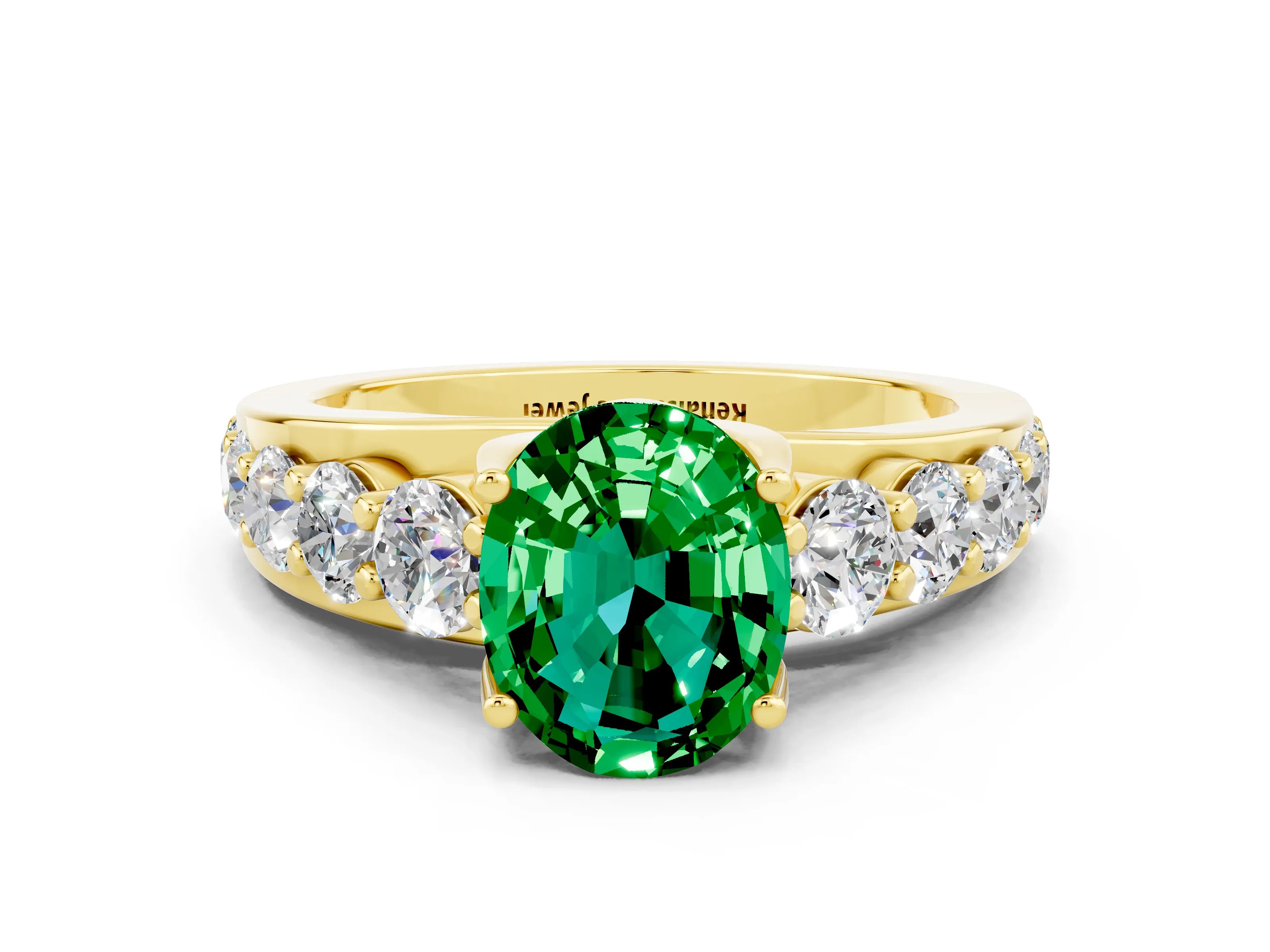 Yellow gold Oval Cut Emerald Engagement Ring with Pavé Band and Four-Prong Setting