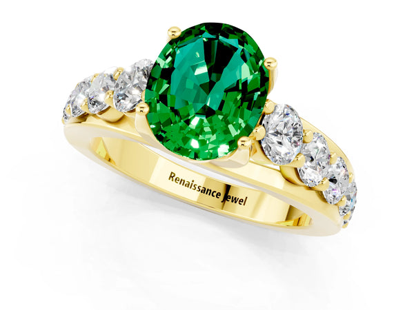 Yellow gold Oval Cut Emerald Engagement Ring with Pavé Band and Four-Prong Setting