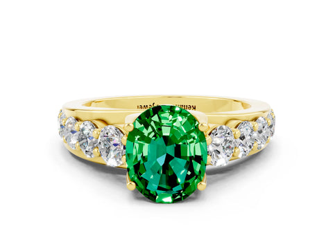 Yellow gold Oval Cut Emerald Engagement Ring with Pavé Band and Four-Prong Setting