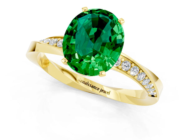 Yellow gold Oval Cut Emerald Engagement Ring with Side Stone Accents and Four-Prong Setting