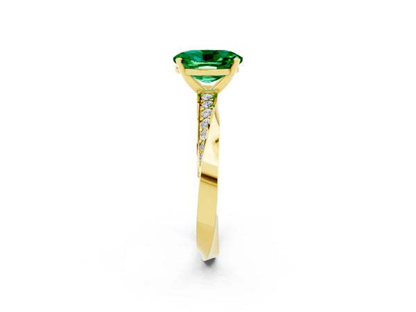Yellow gold Oval Cut Emerald Engagement Ring with Side Stone Accents and Four-Prong Setting