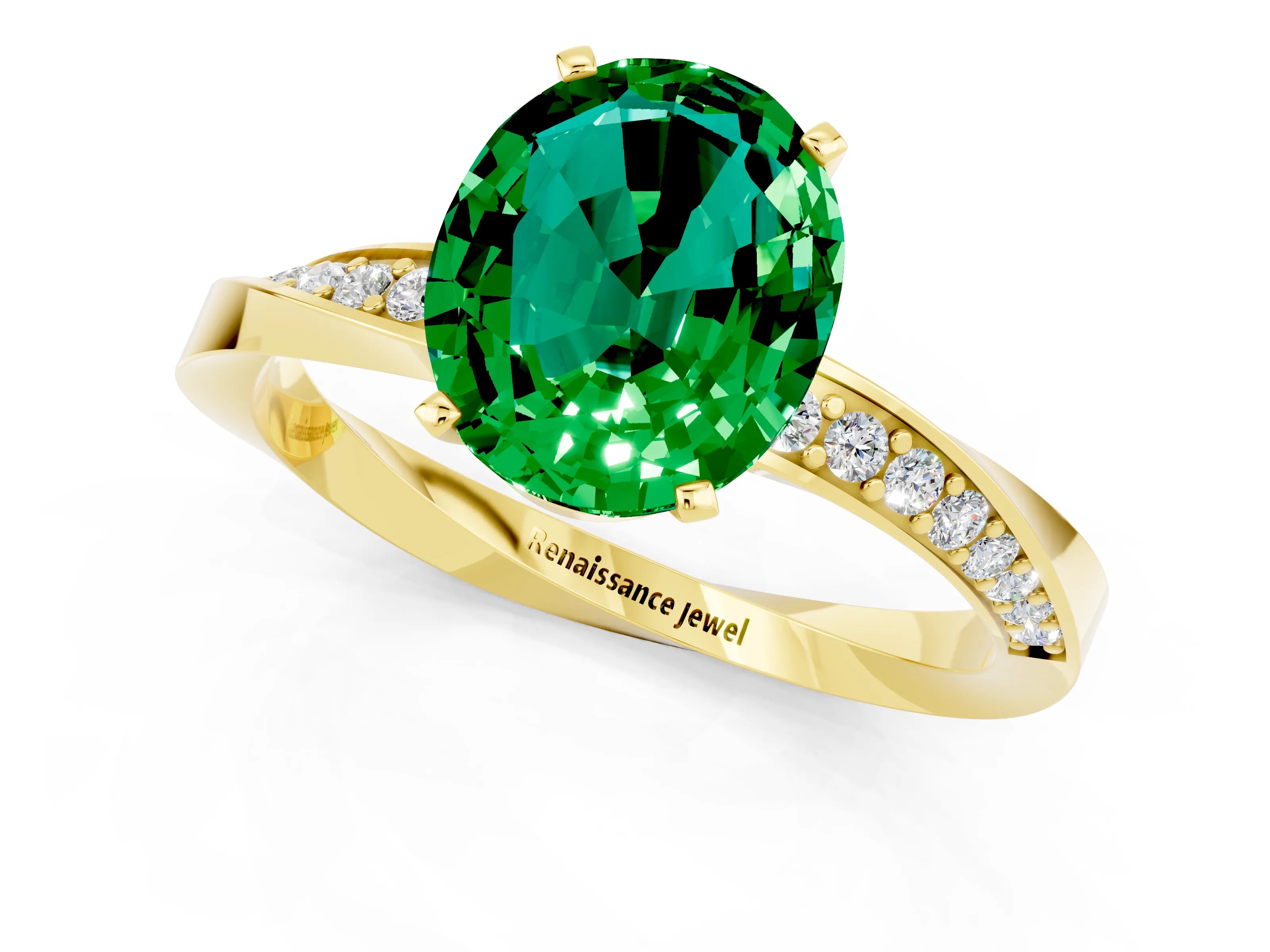 Yellow gold Oval Cut Emerald Engagement Ring with Side Stone Accents and Four-Prong Setting_28