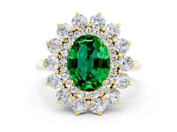 Yellow gold Oval Cut Emerald Floral Double Halo Engagement Ring with Prong Setting