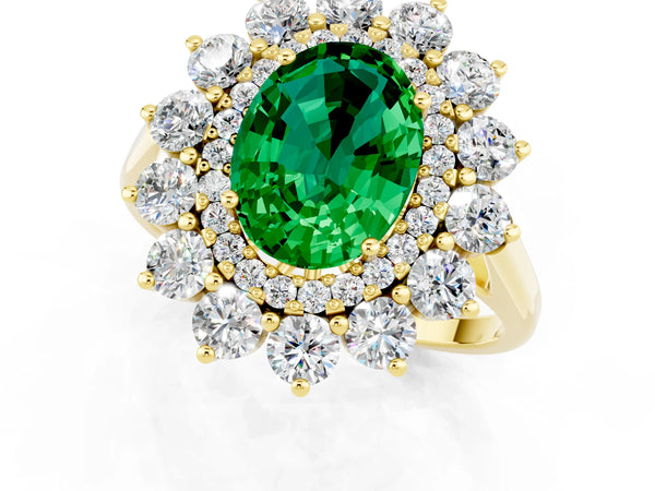 Yellow gold Oval Cut Emerald Floral Double Halo Engagement Ring with Prong Setting