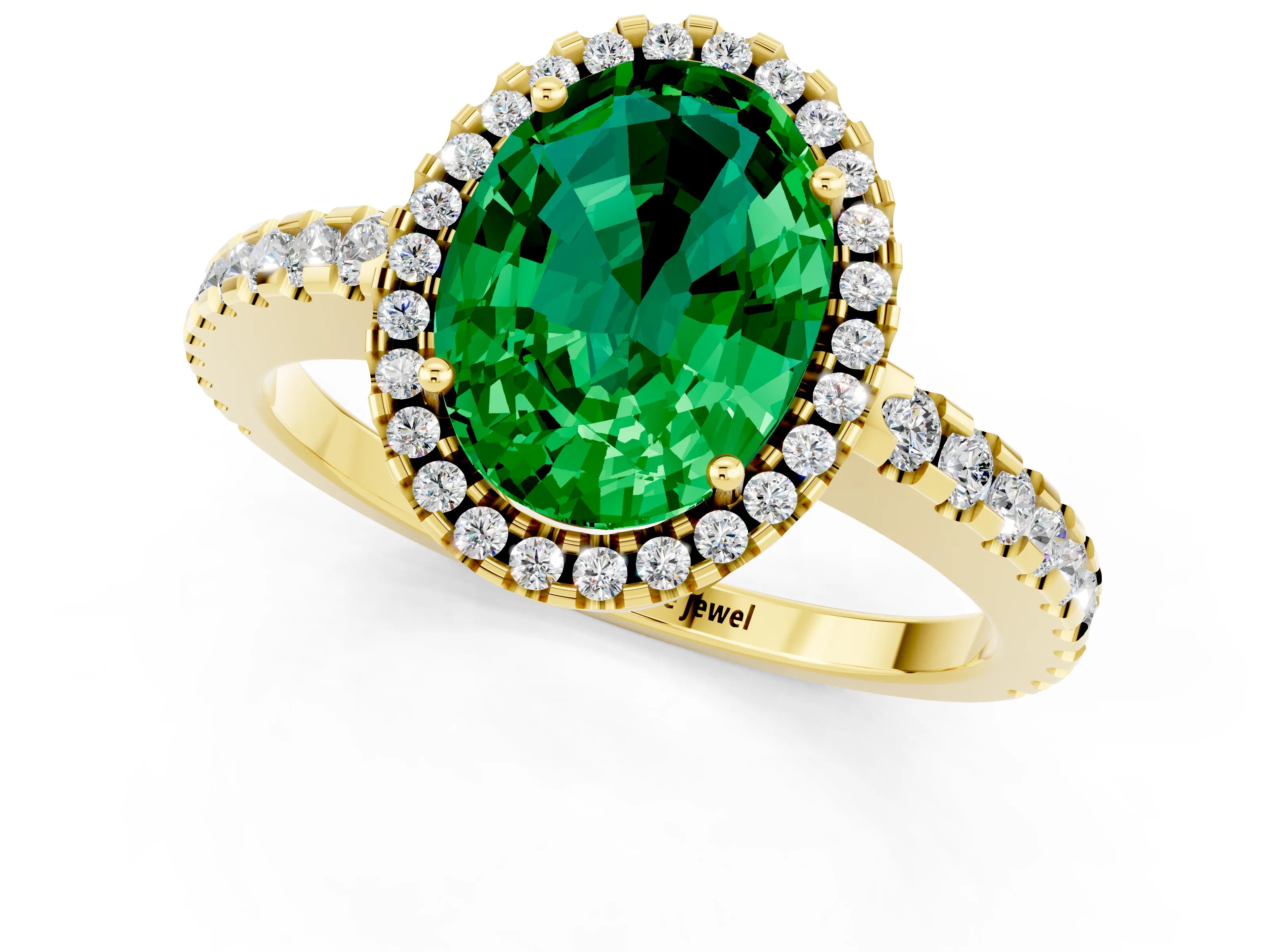 Yellow gold Oval Cut Emerald Halo Engagement Ring with Pavé Band and Prong Setting_13