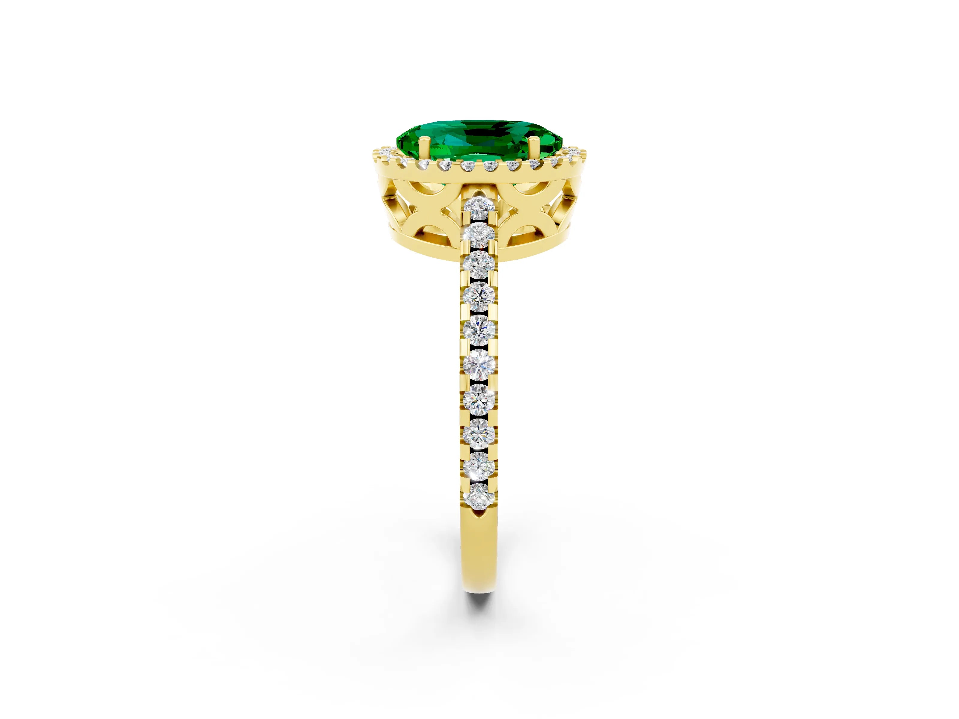 Yellow gold Oval Cut Emerald Halo Engagement Ring with Pavé Band and Prong Setting_14