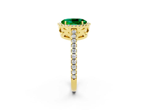 Yellow gold Oval Cut Emerald Halo Engagement Ring with Pavé Band and Prong Setting_14
