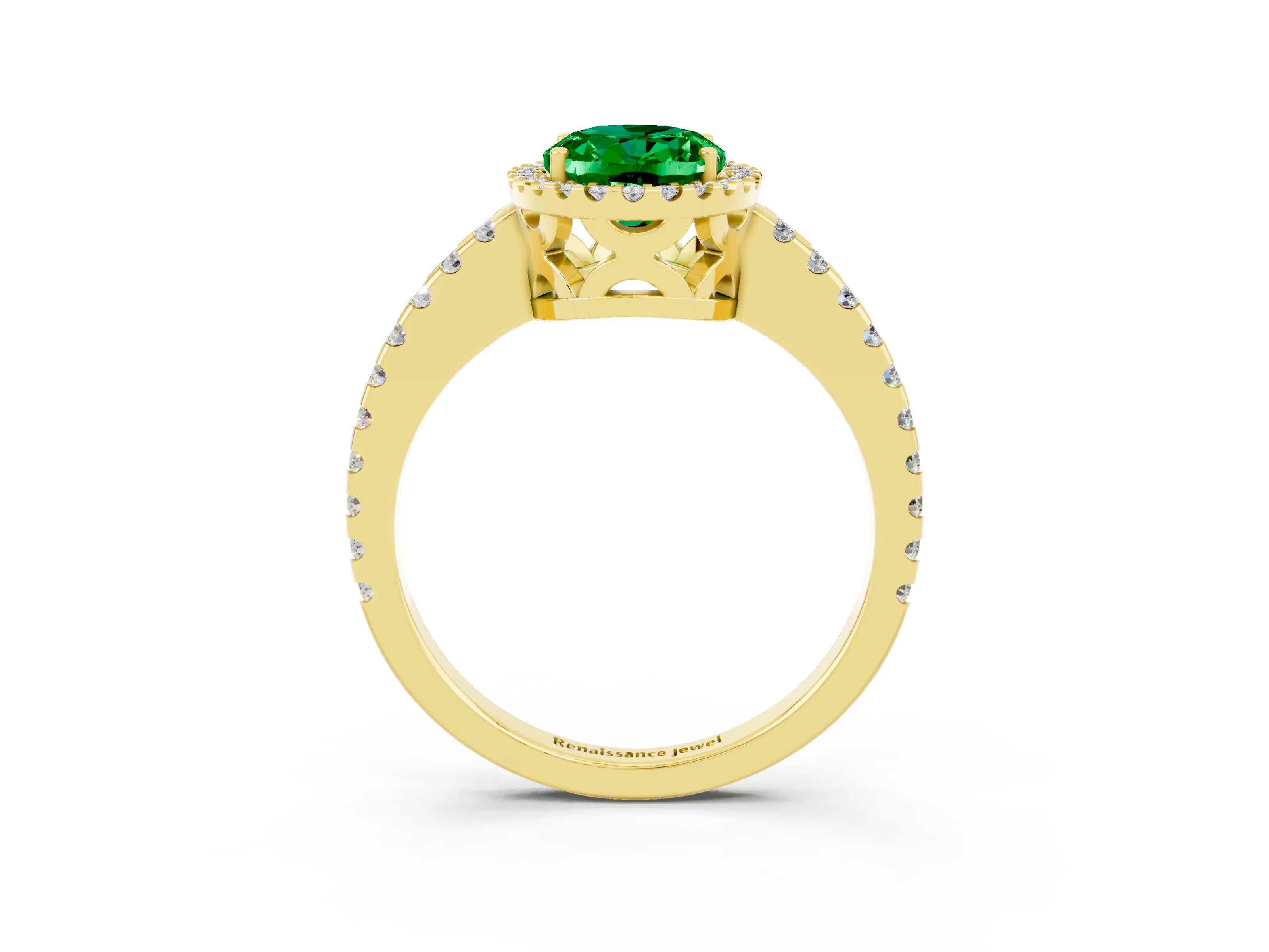 Yellow gold Oval Cut Emerald Halo Engagement Ring with Pavé Band and Prong Setting_15