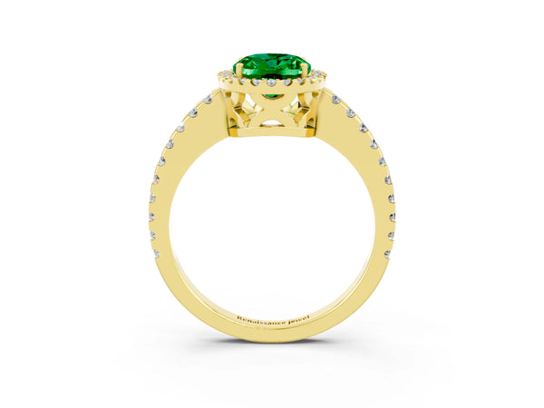 Yellow gold Oval Cut Emerald Halo Engagement Ring with Pavé Band and Prong Setting