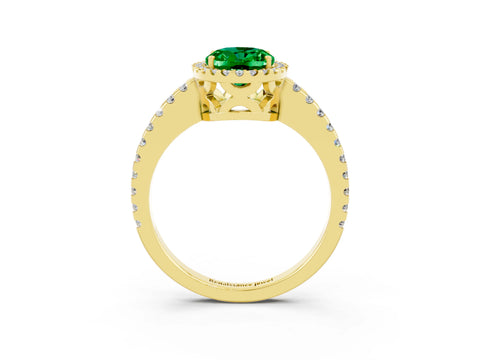 Yellow gold Oval Cut Emerald Halo Engagement Ring with Pavé Band and Prong Setting_15