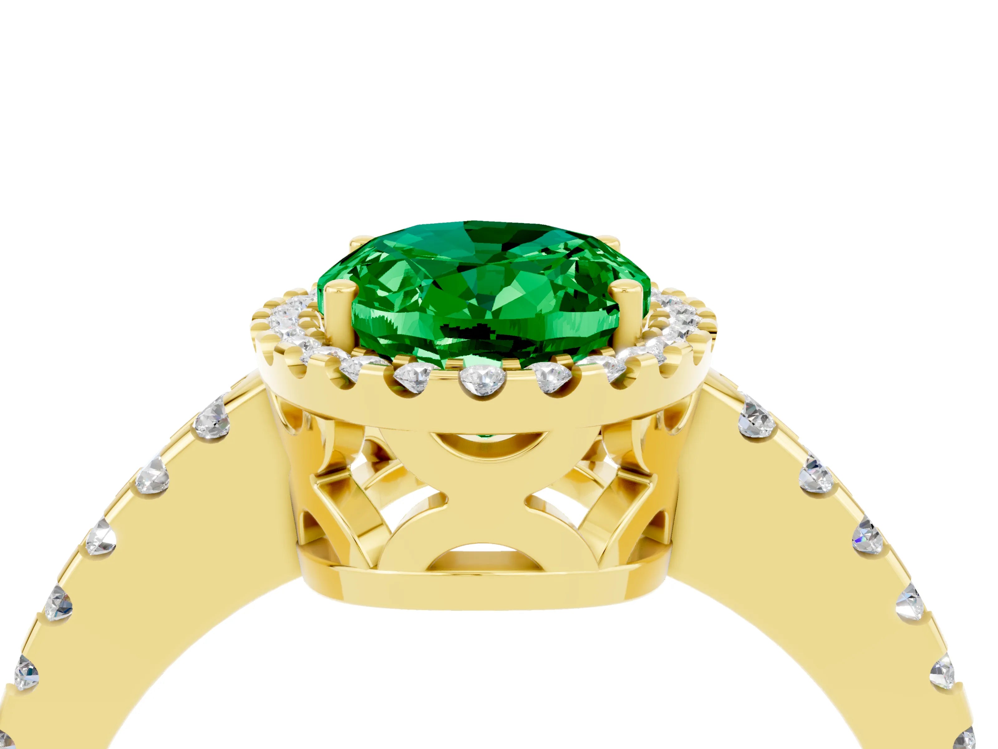 Yellow gold Oval Cut Emerald Halo Engagement Ring with Pavé Band and Prong Setting_16