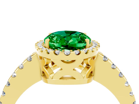 Yellow gold Oval Cut Emerald Halo Engagement Ring with Pavé Band and Prong Setting_16