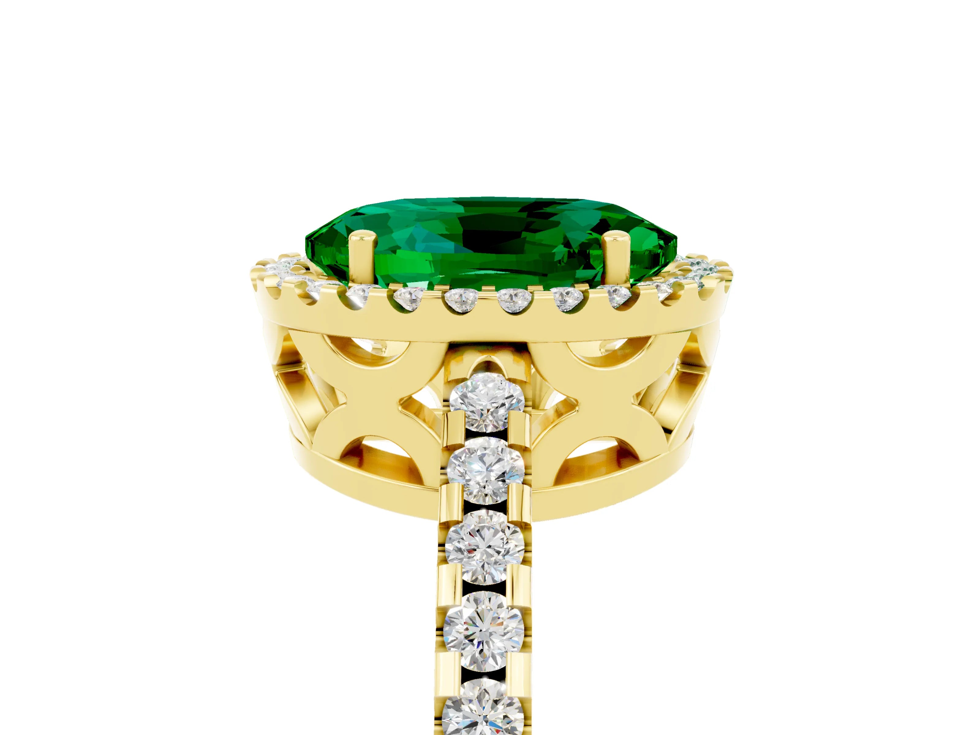 Yellow gold Oval Cut Emerald Halo Engagement Ring with Pavé Band and Prong Setting_17