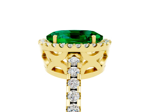 Yellow gold Oval Cut Emerald Halo Engagement Ring with Pavé Band and Prong Setting_17